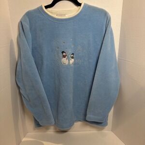 Bonnie Evans Womens Light Blue Fleece Pullover Sweater Snowman Embroidered Small